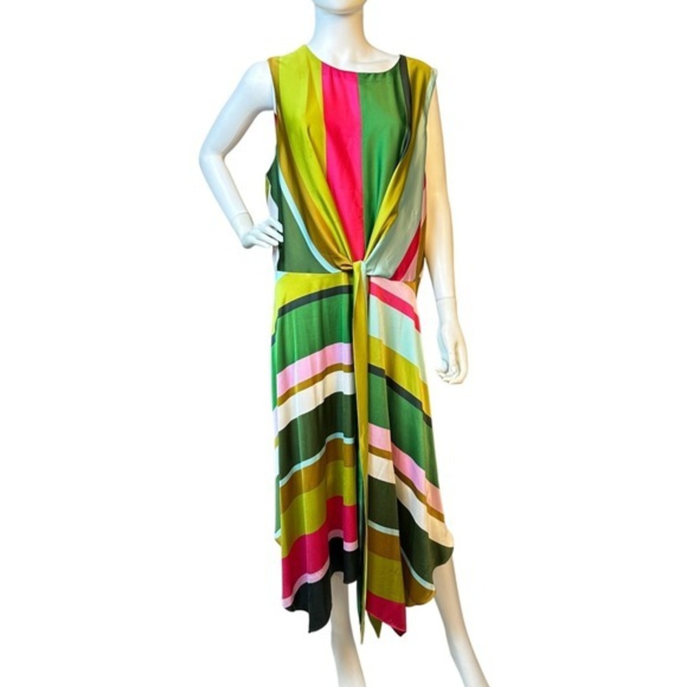Vintage Y2K Maggy London 20W Dress Sleeveless Satin Tie Front‎ Striped Dress KC